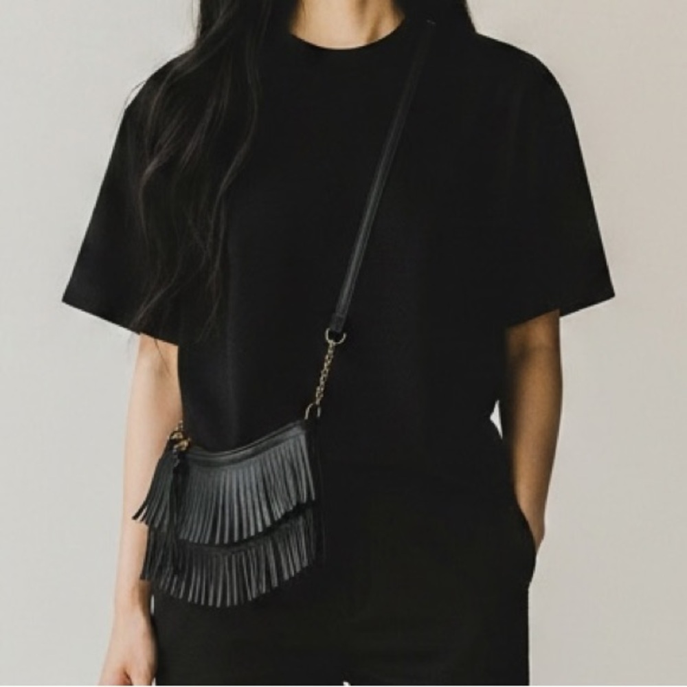 Brea Boho Chic Black Fringe Crossbody Bag With Gold Hardware - Picture 6 of 16